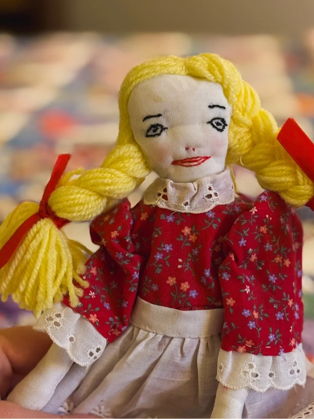 Handcrafted Vintage Yellow-Haired Rag Doll in Red Dress - Kids Toy